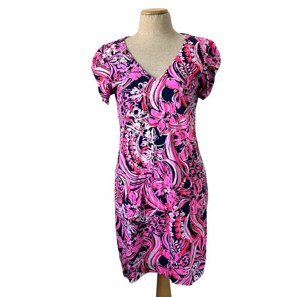 Lilly Pulitzer Womens Sz M Pink & Navy Floral V-Neck Short Sleeve Dress - Picture 10 of 10